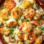 Step-by-step process showing how to properly layer the seafood, cream, and cheese in the baking dish