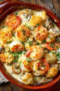 Step-by-step process showing how to properly layer the seafood, cream, and cheese in the baking dish