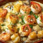 Step-by-step process showing how to properly layer the seafood, cream, and cheese in the baking dish