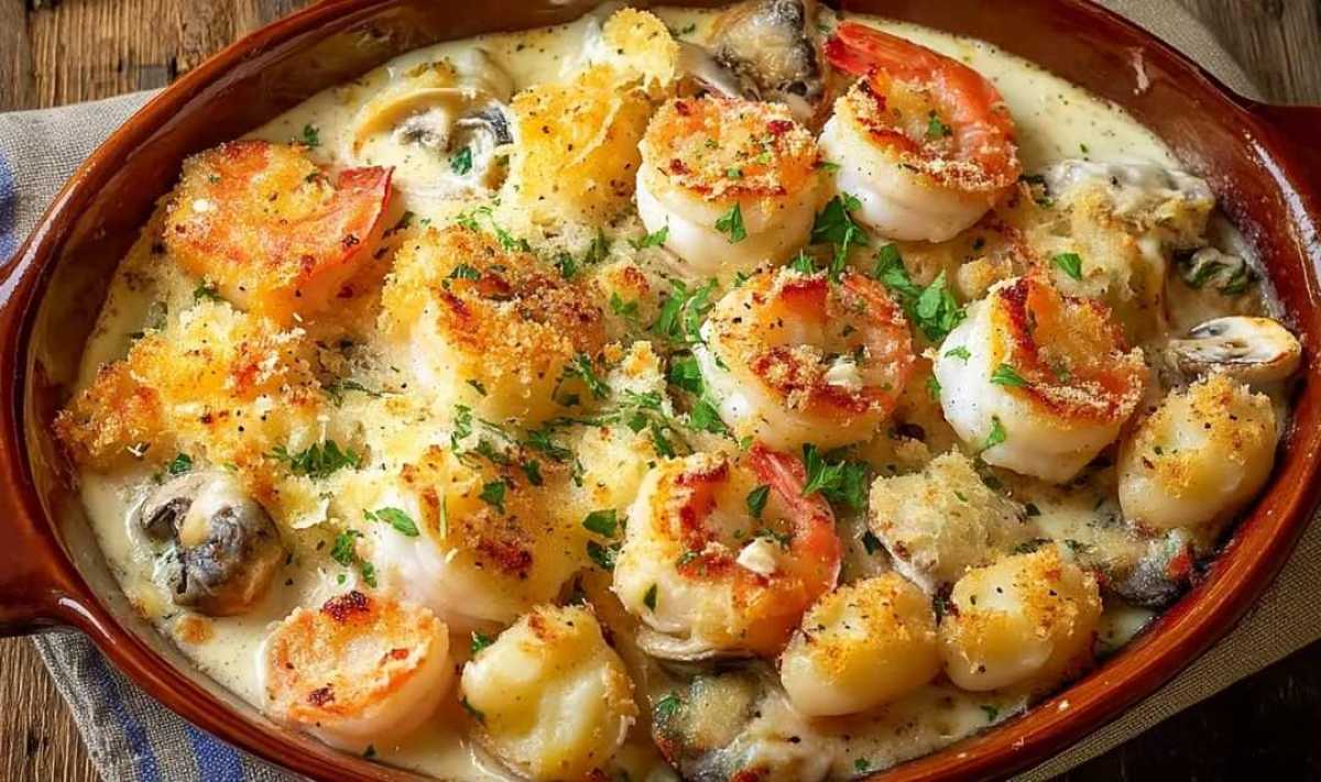 Step-by-step process showing how to properly layer the seafood, cream, and cheese in the baking dish