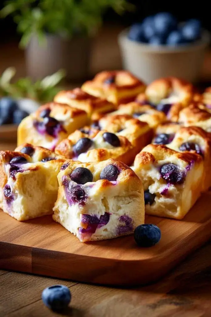 Fluffy blueberry cloud bread pieces on white plate showing airy texture