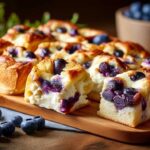 Whipped egg whites being folded with blueberry mixture for cloud bread