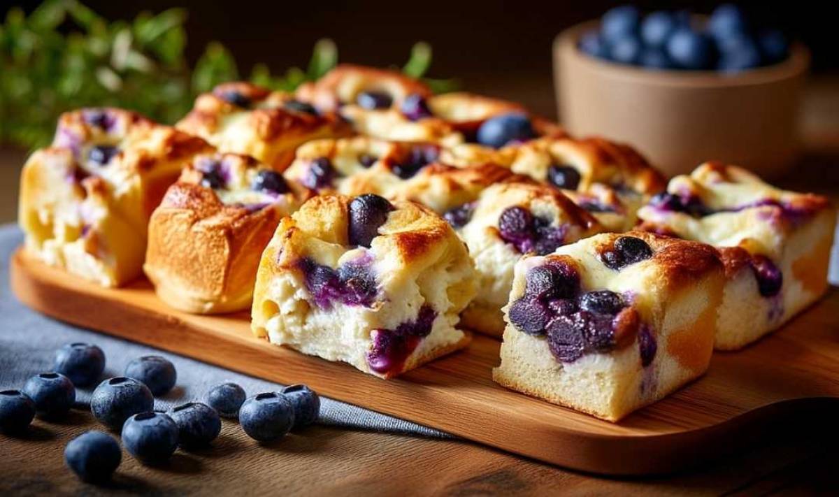 Whipped egg whites being folded with blueberry mixture for cloud bread