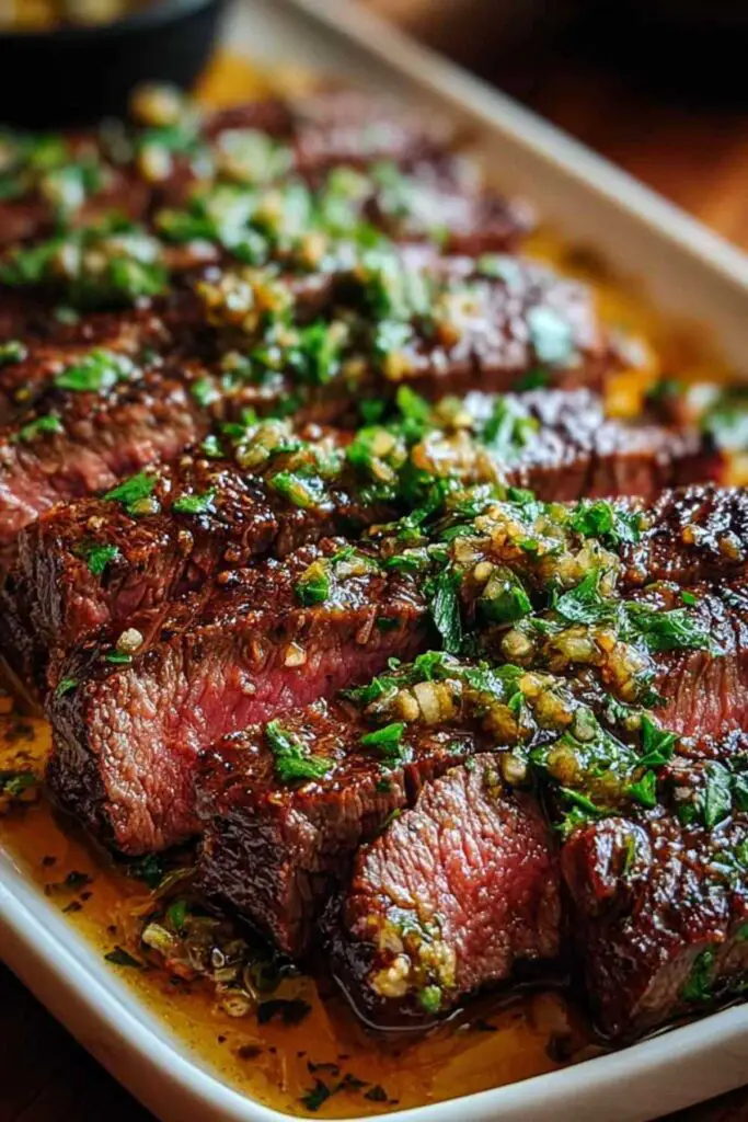 Finished Garlic Butter Brazilian Steak drizzled with herb butter sauce and garnished with parsley