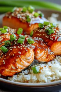 Ginger soy glazed salmon served with rice and steamed vegetables