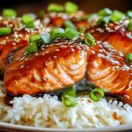 Ginger soy glazed salmon served with rice and steamed vegetables