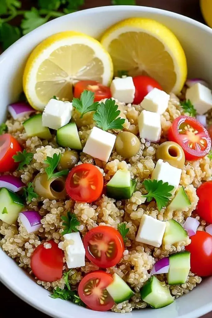 Greek Quinoa Salad with Feta in white bowl with fresh herbs and lemon