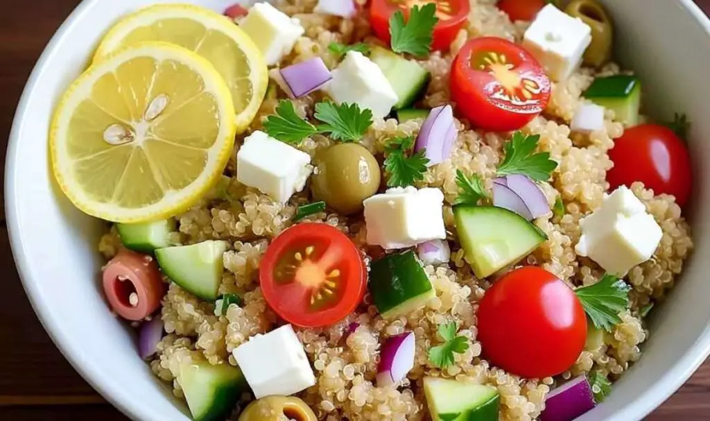 Fresh ingredients for Greek Quinoa Salad with cherry tomatoes cucumber olives feta