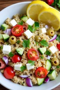Mixing Greek Quinoa Salad with wooden spoon showing texture and colors