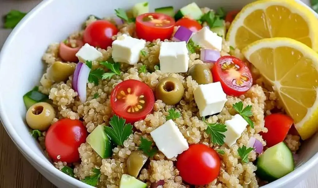 Mixing Greek Quinoa Salad with wooden spoon showing texture and colors