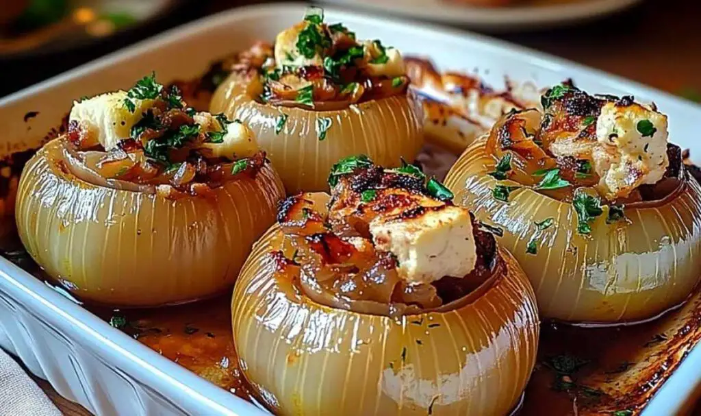 Golden Greek stuffed onions in tomato sauce served in white casserole dish