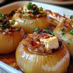 Golden Greek stuffed onions in tomato sauce served in white casserole dish