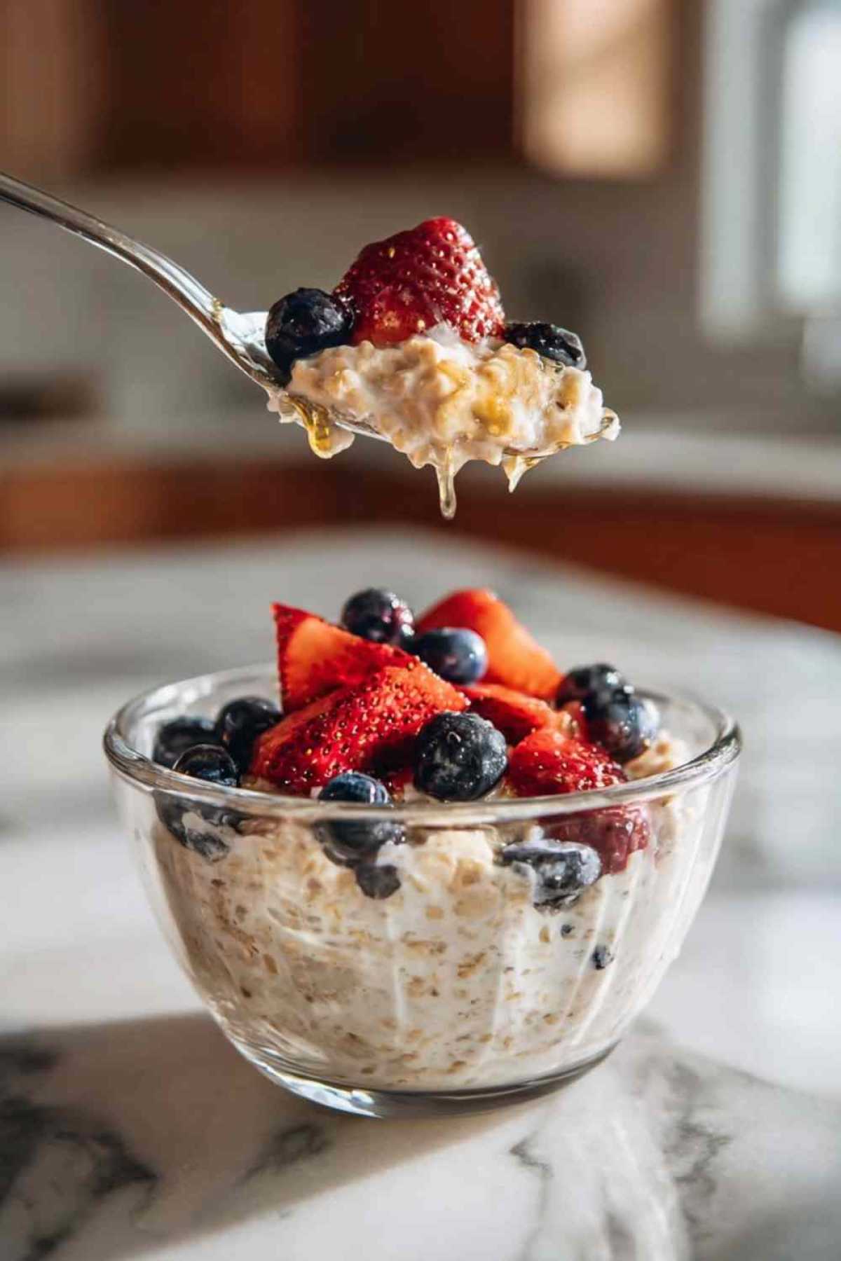 High protein overnight oats topped with fresh berries in a mason jar
