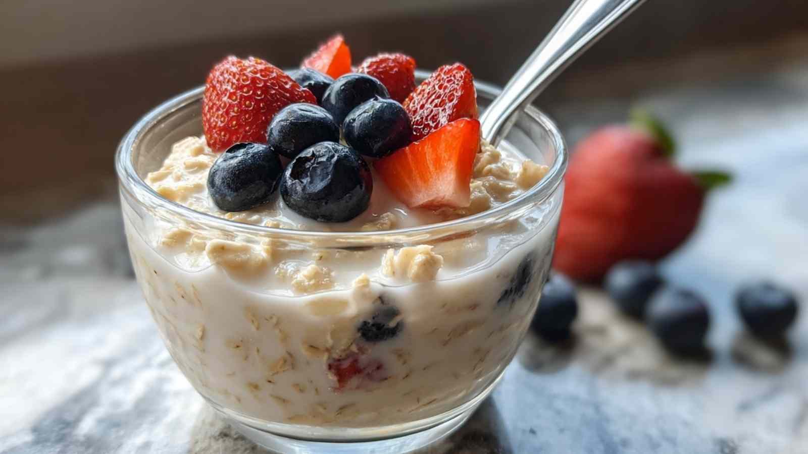 High protein overnight oats topped with fresh berries in a mason jar