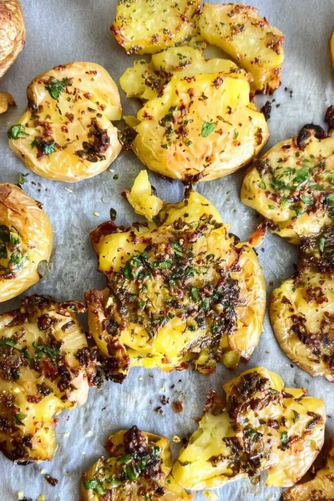 Crispy lemon herb smashed potatoes on a parchment-lined baking sheet with fresh herbs