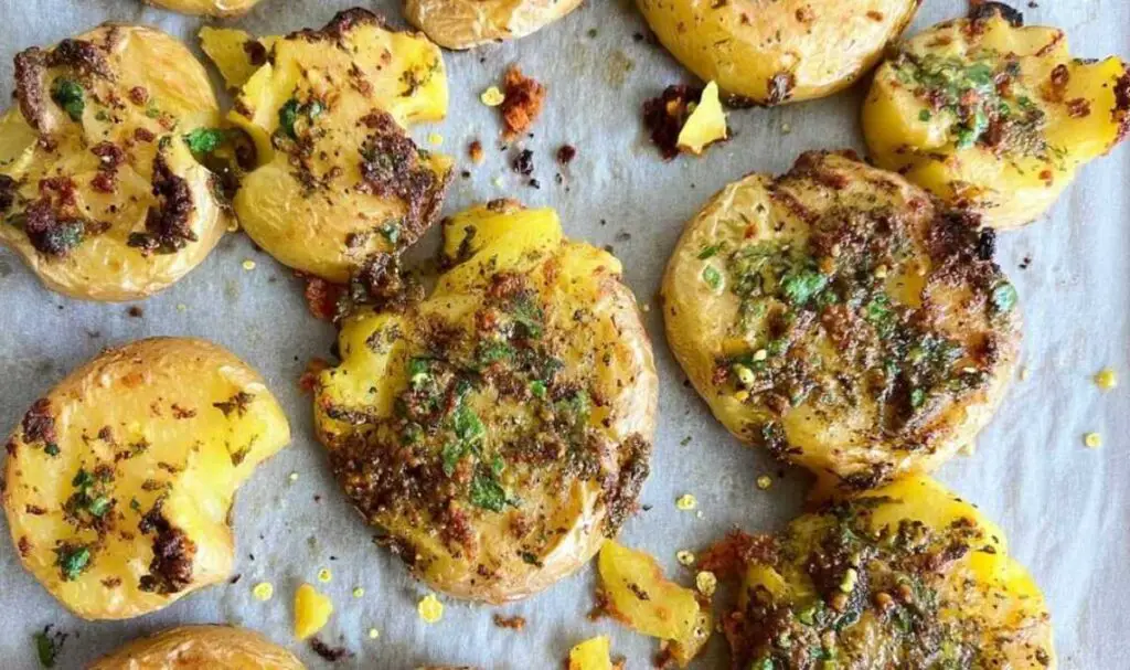 Plated lemon herb smashed potatoes with fresh herbs and lemon zest garnish