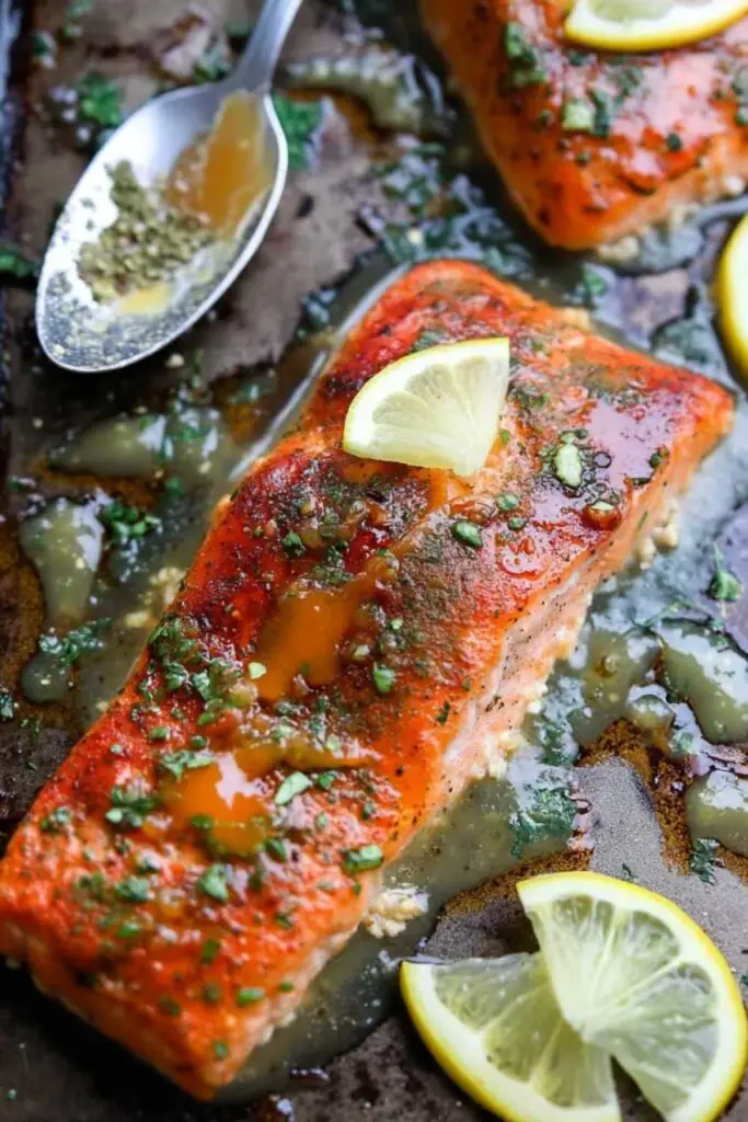 Maple mustard glazed salmon fillets on white plate with roasted vegetables