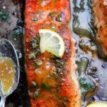 Close-up of flaky maple mustard glazed salmon showing perfect texture