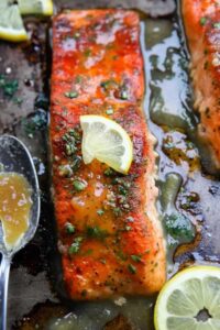 Close-up of flaky maple mustard glazed salmon showing perfect texture