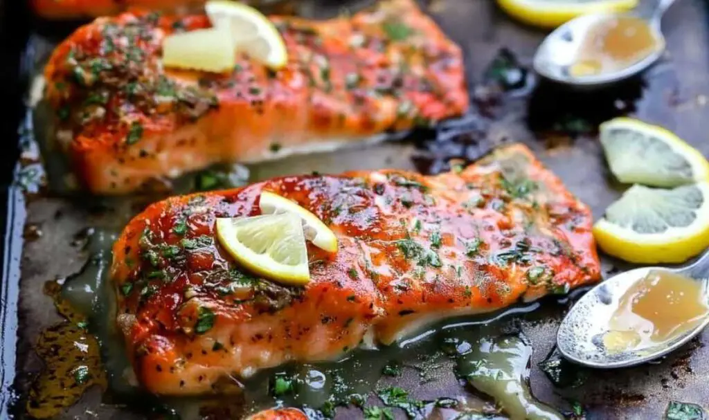 Close-up of flaky maple mustard glazed salmon showing perfect texture