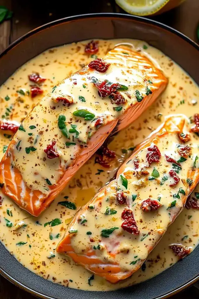 Marry Me Salmon with creamy sun-dried tomato sauce and fresh basil garnish on white plate