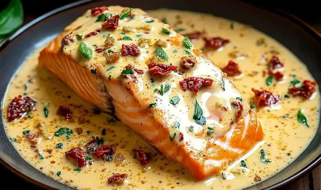 Salmon fillets searing in skillet while making Marry Me Salmon recipe