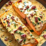 Marry Me Salmon ingredients including salmon fillets sun-dried tomatoes and Parmesan cheese