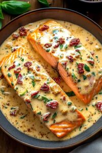 Marry Me Salmon ingredients including salmon fillets sun-dried tomatoes and Parmesan cheese