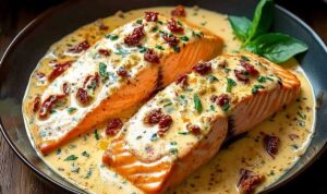 Marry Me Salmon ingredients including salmon fillets sun-dried tomatoes and Parmesan cheese