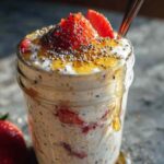 Overnight oats in a jar topped with fresh berries and nuts on kitchen counter