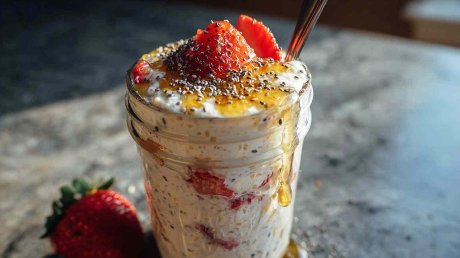 Overnight oats in a jar topped with fresh berries and nuts on kitchen counter