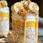 Creamy peanut butter banana overnight oats in glass jar with banana slices and nuts on top
