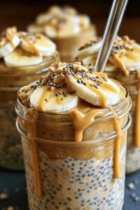 Glass jars of peanut butter banana overnight oats with banana slices on top ready for refrigerator