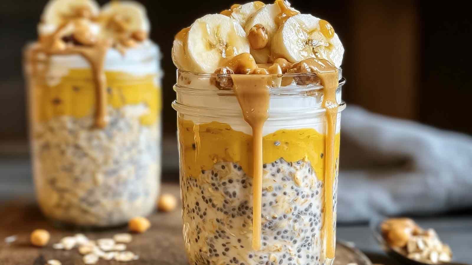 Creamy peanut butter banana overnight oats in glass jar with banana slices and nuts on top