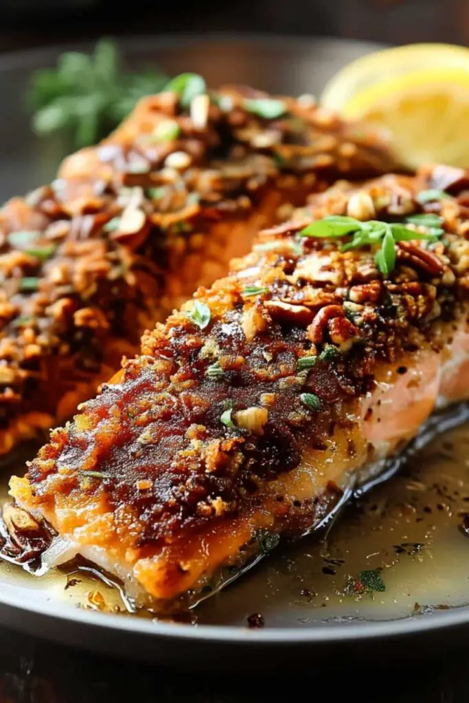 Pecan crusted salmon with lemon glaze on a white plate with asparagus