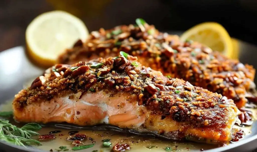 Salmon fillets being coated in pecan breadcrumb mixture in cast iron skillet