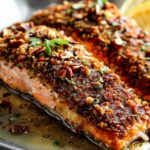 Honey lemon glaze being drizzled over baked pecan crusted salmon