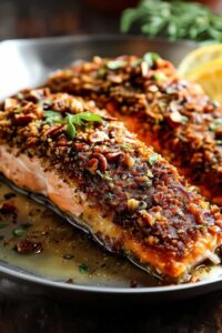 Honey lemon glaze being drizzled over baked pecan crusted salmon