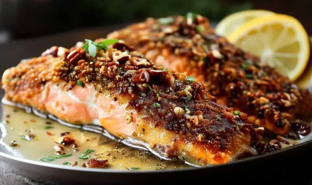 Honey lemon glaze being drizzled over baked pecan crusted salmon
