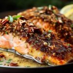 Honey lemon glaze being drizzled over baked pecan crusted salmon