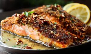 Honey lemon glaze being drizzled over baked pecan crusted salmon
