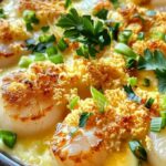 Creamy cheese sauce being poured over scallops and shrimp in baking dish