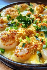 Creamy cheese sauce being poured over scallops and shrimp in baking dish