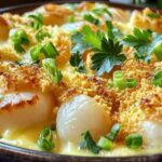 Creamy cheese sauce being poured over scallops and shrimp in baking dish