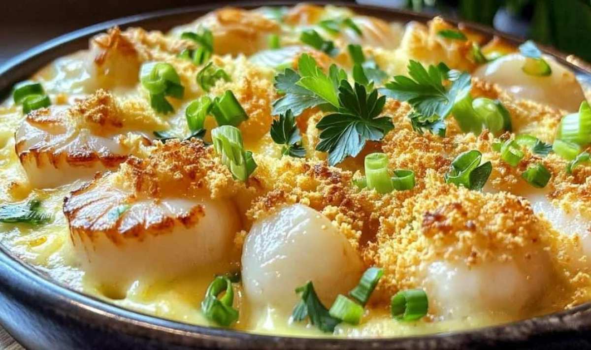 Creamy cheese sauce being poured over scallops and shrimp in baking dish