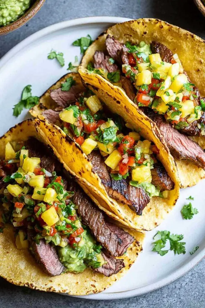 Skirt steak tacos with avocado salsa served on corn tortillas with lime wedges