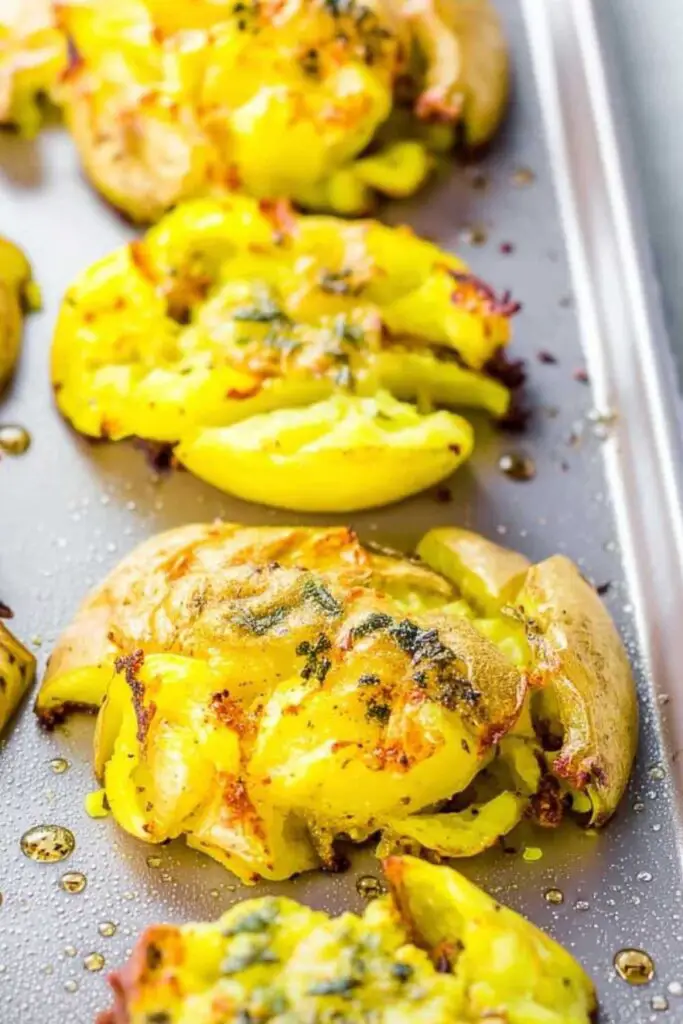 Golden crispy smashed potatoes recipe on baking sheet with herbs