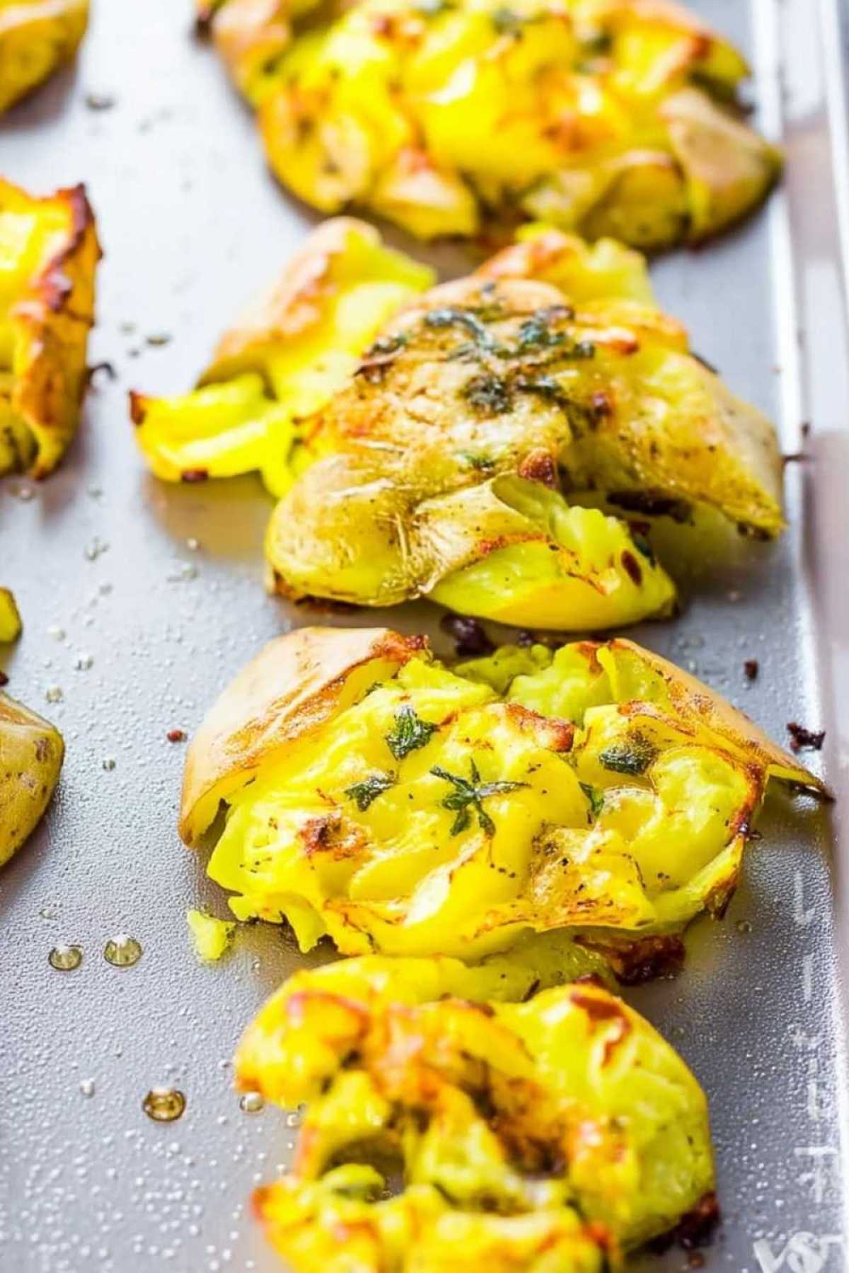 Smashed potatoes recipe ingredients including Yukon Gold potatoes and olive oil