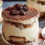 Creamy tiramisu overnight oats topped with cocoa powder and chocolate shavings in a mason jar