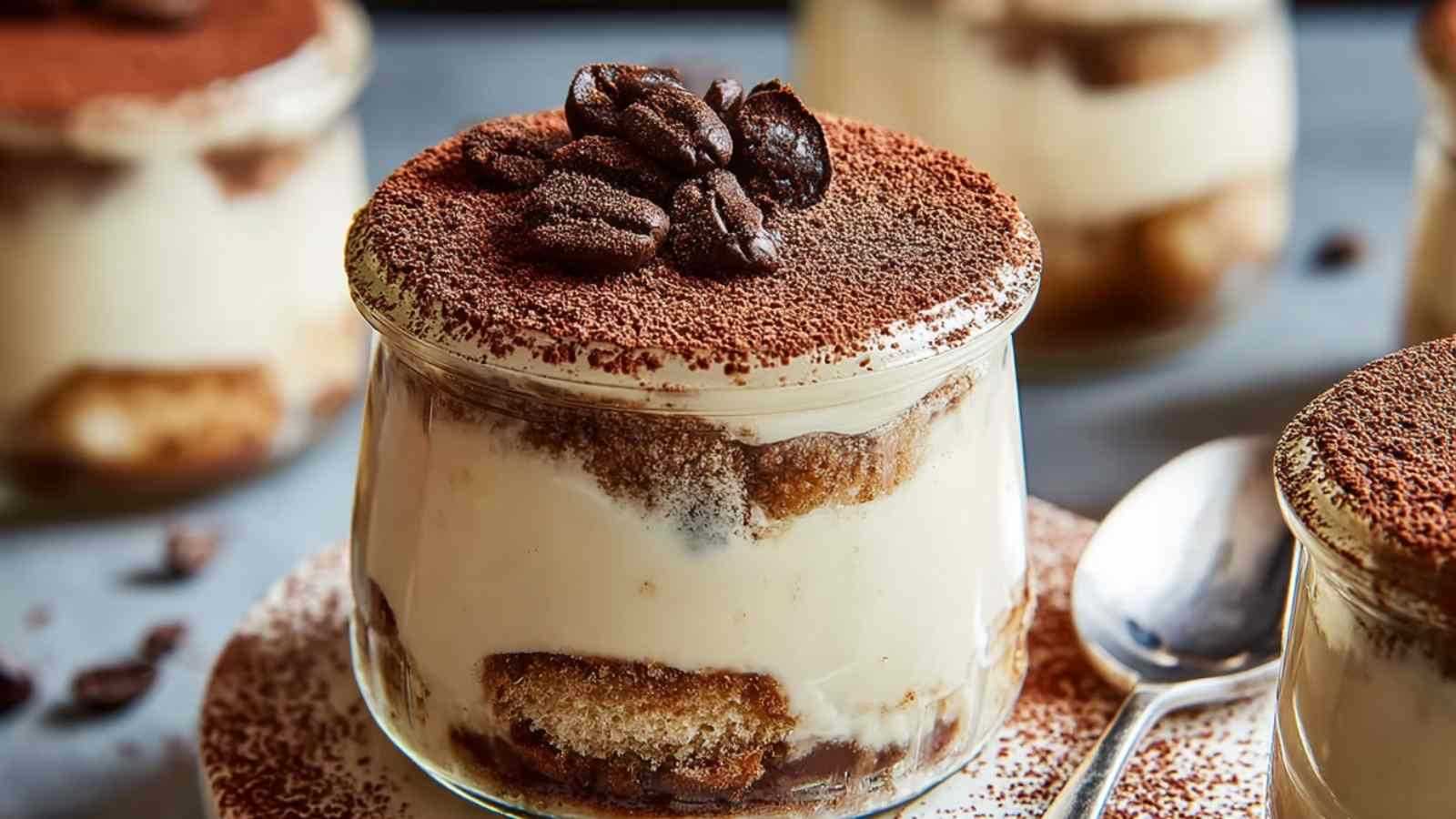 Creamy tiramisu overnight oats topped with cocoa powder and chocolate shavings in a mason jar